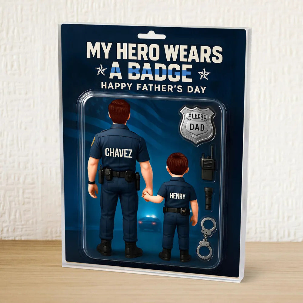 My Hero Wears A Badge Police Dad, Custom Figure Personalized Acrylic Block Plaque, Father's Day Gift for Dad, Gift for Husband
