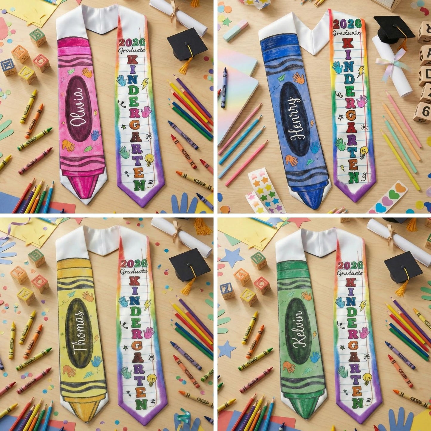 Kid Pencil Graduation Stole, Custom Name Crayon Pre K Grad Sash, Kindergarten Class Of 2026 Boy Girl, Personalized Graduation Gift for Son