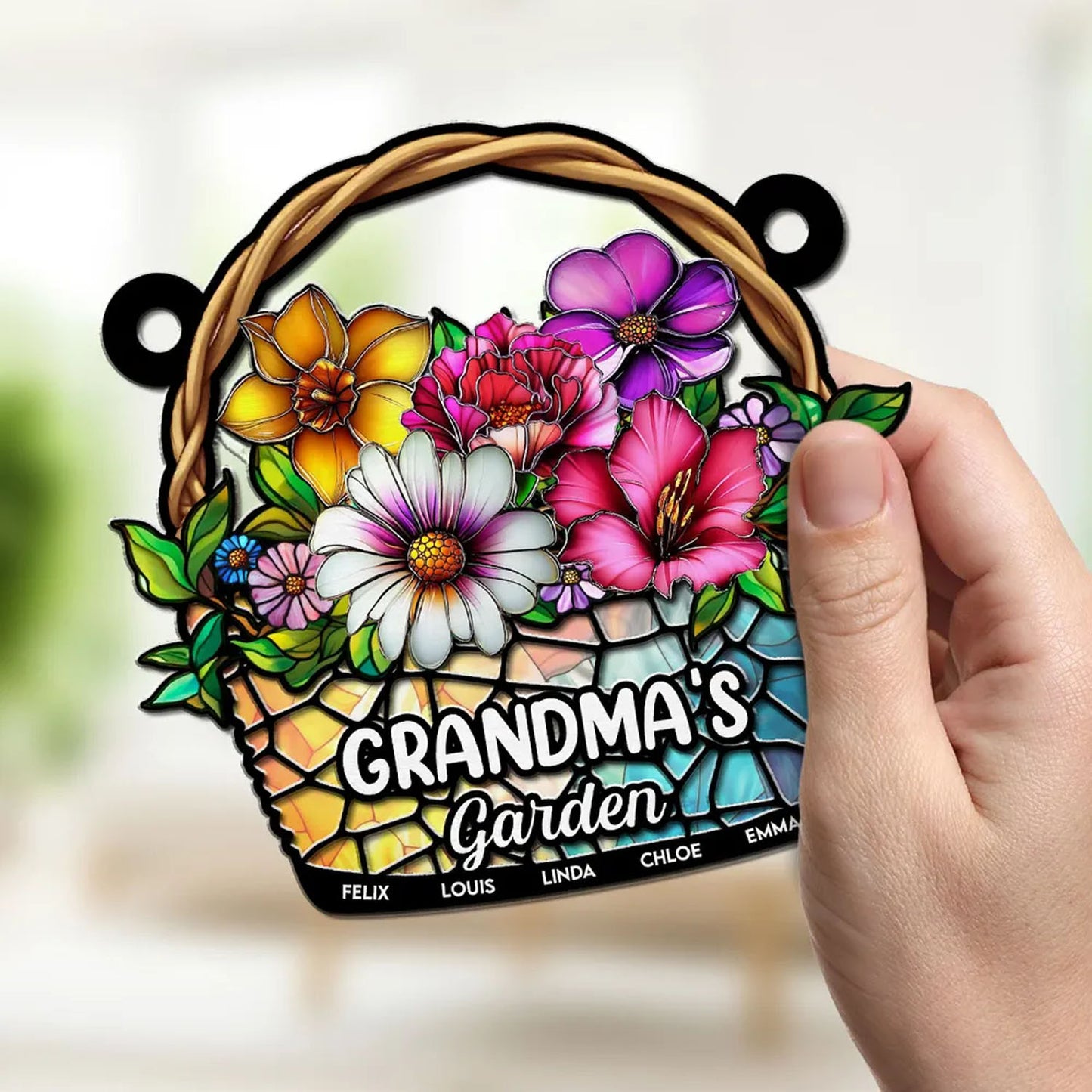 Personalized Birth Month Flower Basket Window Hanging Suncatcher, Grandma Garden Mother's Day Gift