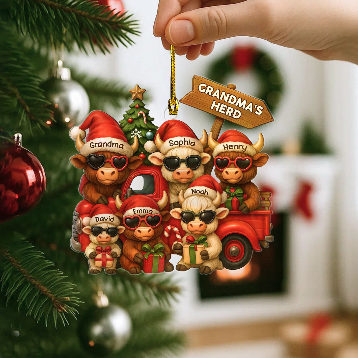 Personalized Christmas Highland Cow On Truck Acrylic Ornament, Family Christmas Ornament