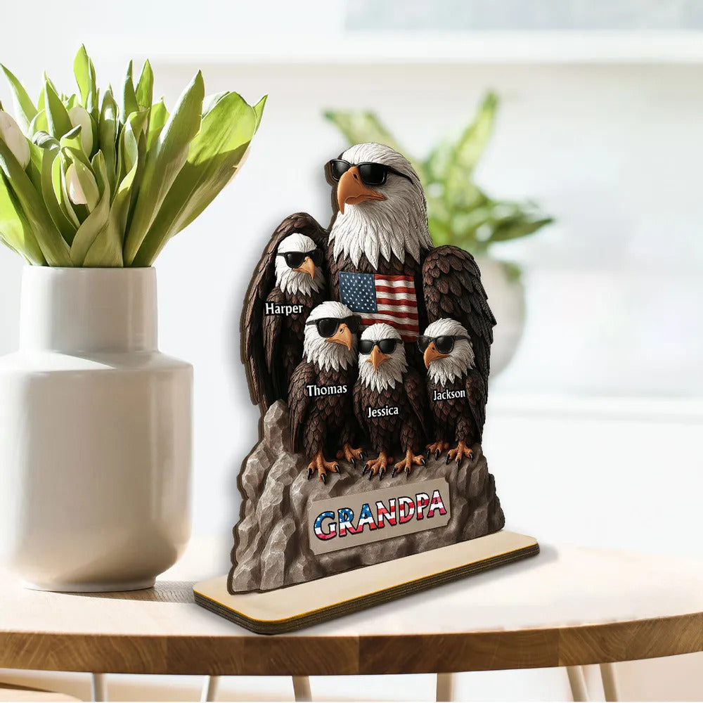 Patriotic Eagle Grandpa Dad & Kids 3D Effect Personalized Standing Wooden Plaque, Gift For Dad Grandpa