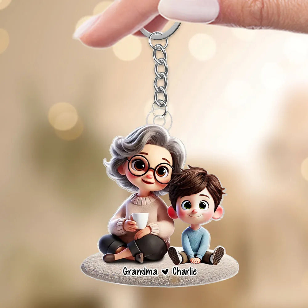 Happy Grandma & Grandkid Sitting Personalized Acrylic Keychain, Perfect 2025 Mother's Day Gift For Mom, For Grandma