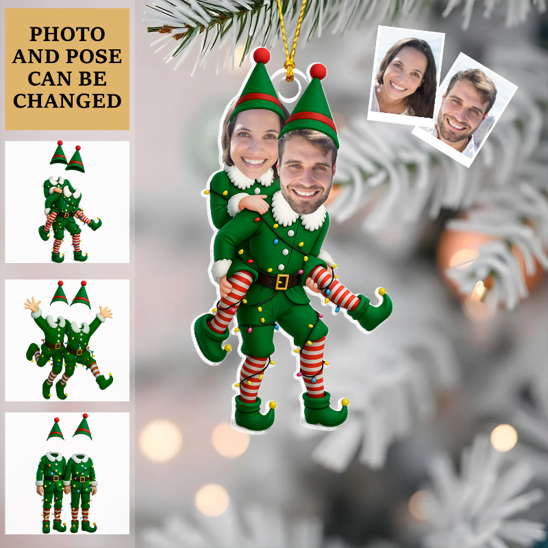 Personalized Funny Photo Face Elf Couple Acrylic Ornament, Christmas Tree Decoration, Gift For Couple