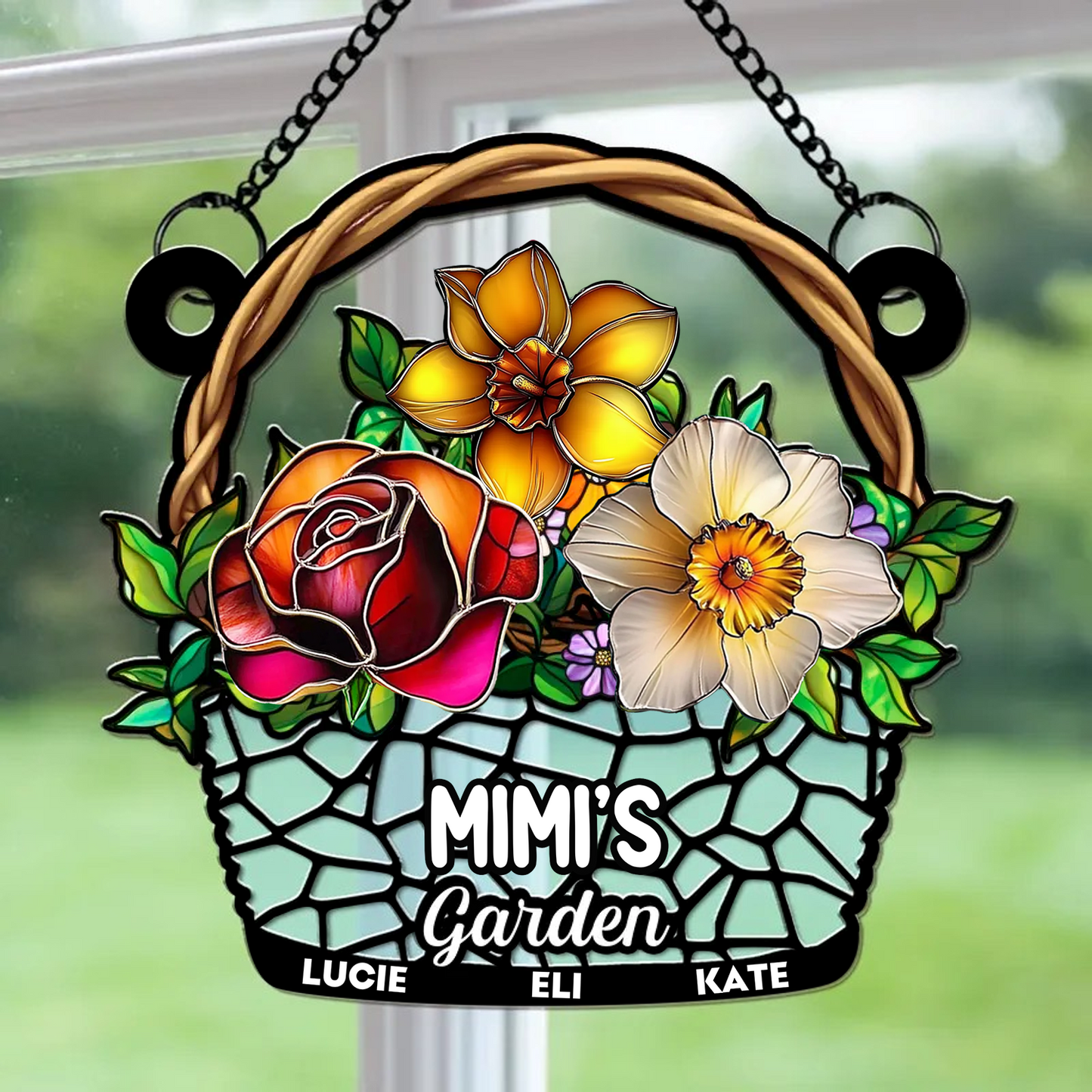 Personalized Birth Month Flower Basket Window Hanging Suncatcher, Grandma Garden Mother's Day Gift