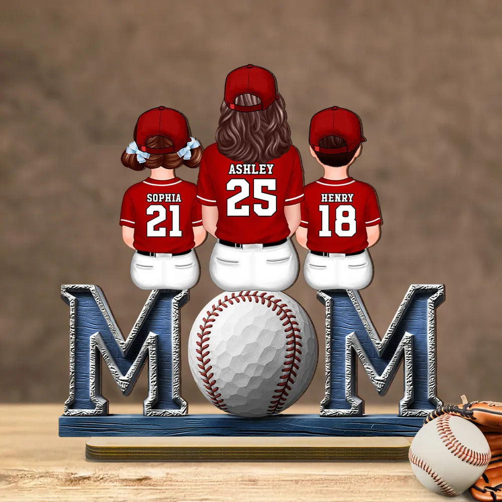 Baseball, Softball Mom And Kids Sitting On Text Personalized Standing Wooden Plaque, Mother's Day Gift