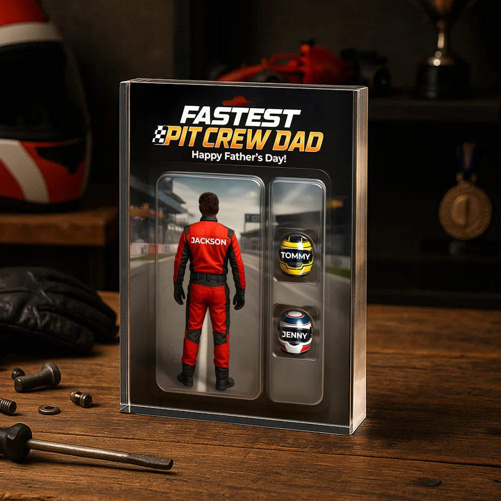 Fastest Pit Crew Dad With Kids' Names Custom Figure Personalized Acrylic Block Plaque, Unique Father's Day Gift For Him, For Motorsport Lover, Racing Dad