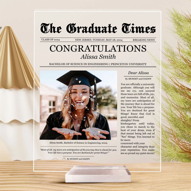 Personalized Newspaper Graduation Celebration Acrylic Photo Plaque, Graduation Keepsake Gift For Friends, Family