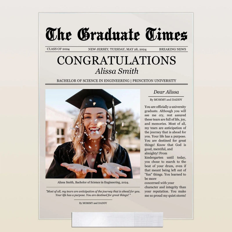 Personalized Newspaper Graduation Celebration Acrylic Photo Plaque, Graduation Keepsake Gift For Friends, Family