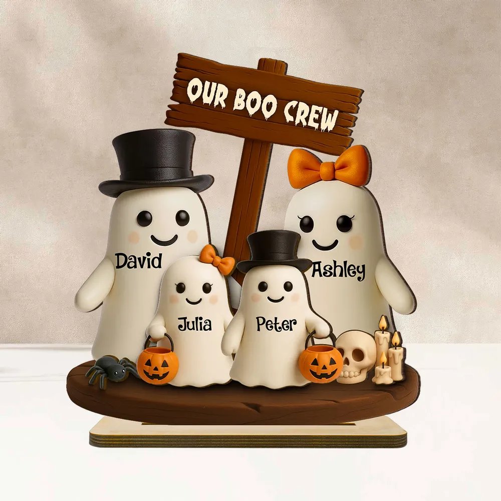 Our Boo Crew Halloween Family 3D Effect Personalized Standing Wooden Plaque