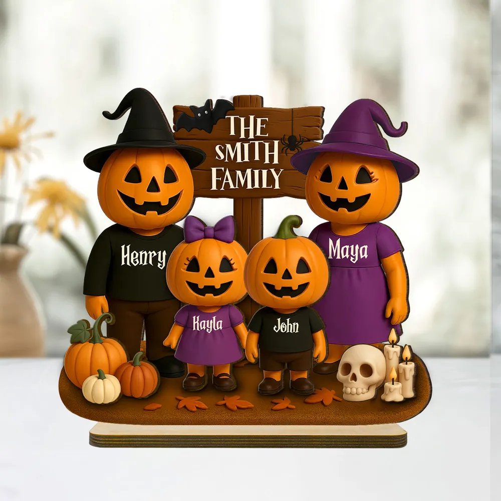 Jack O' Lantern Family 3D Effect Personalized Standing Wooden Plaque, Halloween Decor