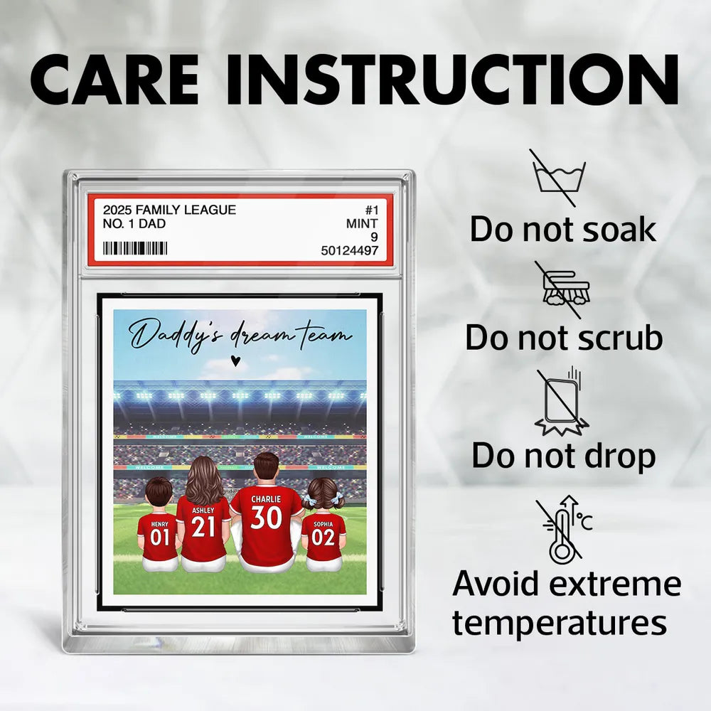Soccer Daddy's Dream Team No. 1 Dad Man & Kids Sitting Trading Card Style Personalized Acrylic Block Plaque