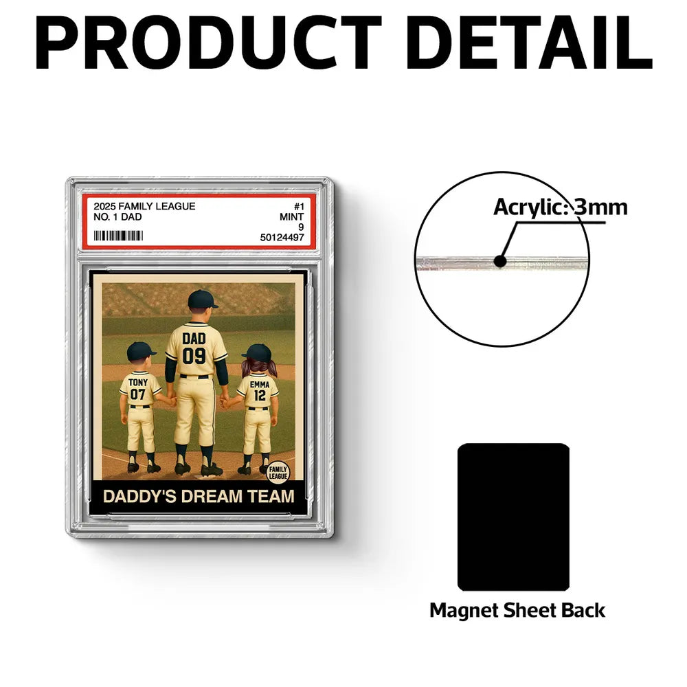 Baseball No. 1 Dad Man & Kids Trading Card Style Personalized Acrylic Fridge Magnet