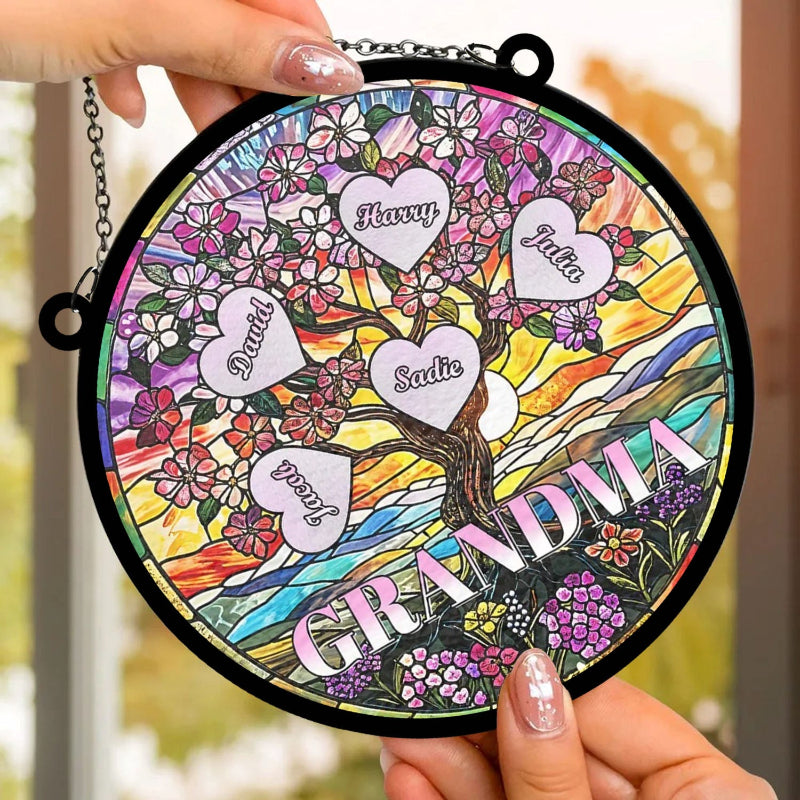 Personalized Love Grows From Mom Heart Tree Window Hanging Suncatcher, Heartfelt Mother's Day Gift For Mom and Grandma