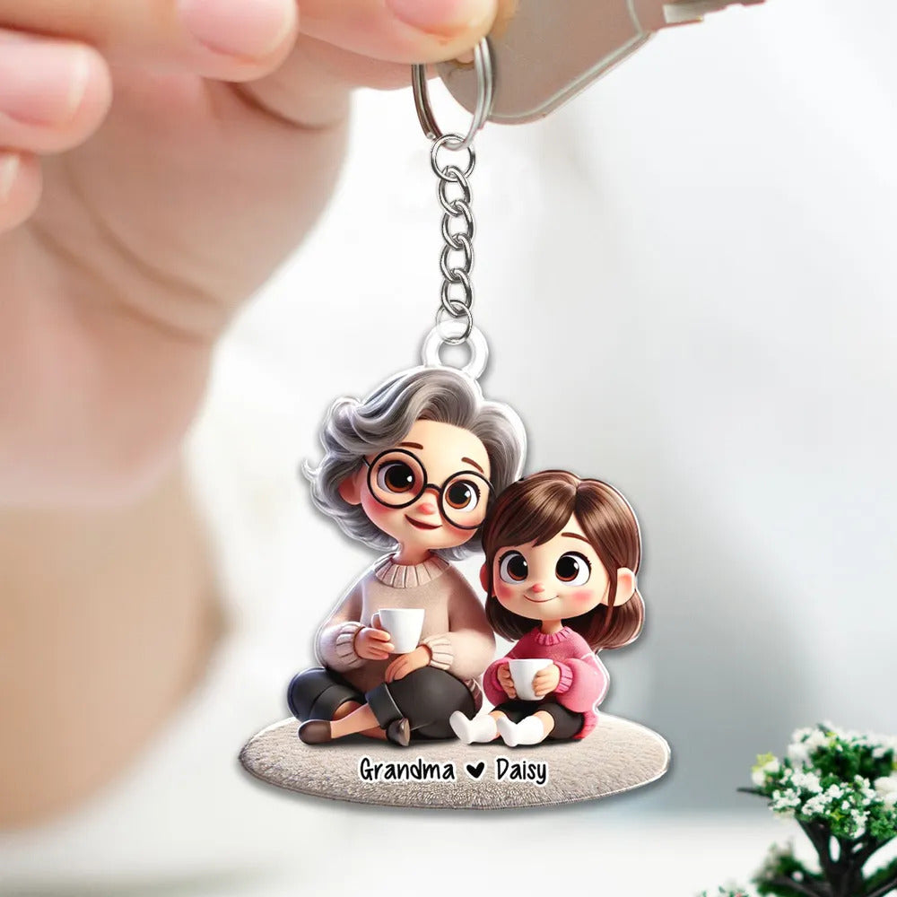 Happy Grandma & Grandkid Sitting Personalized Acrylic Keychain, Perfect 2025 Mother's Day Gift For Mom, For Grandma