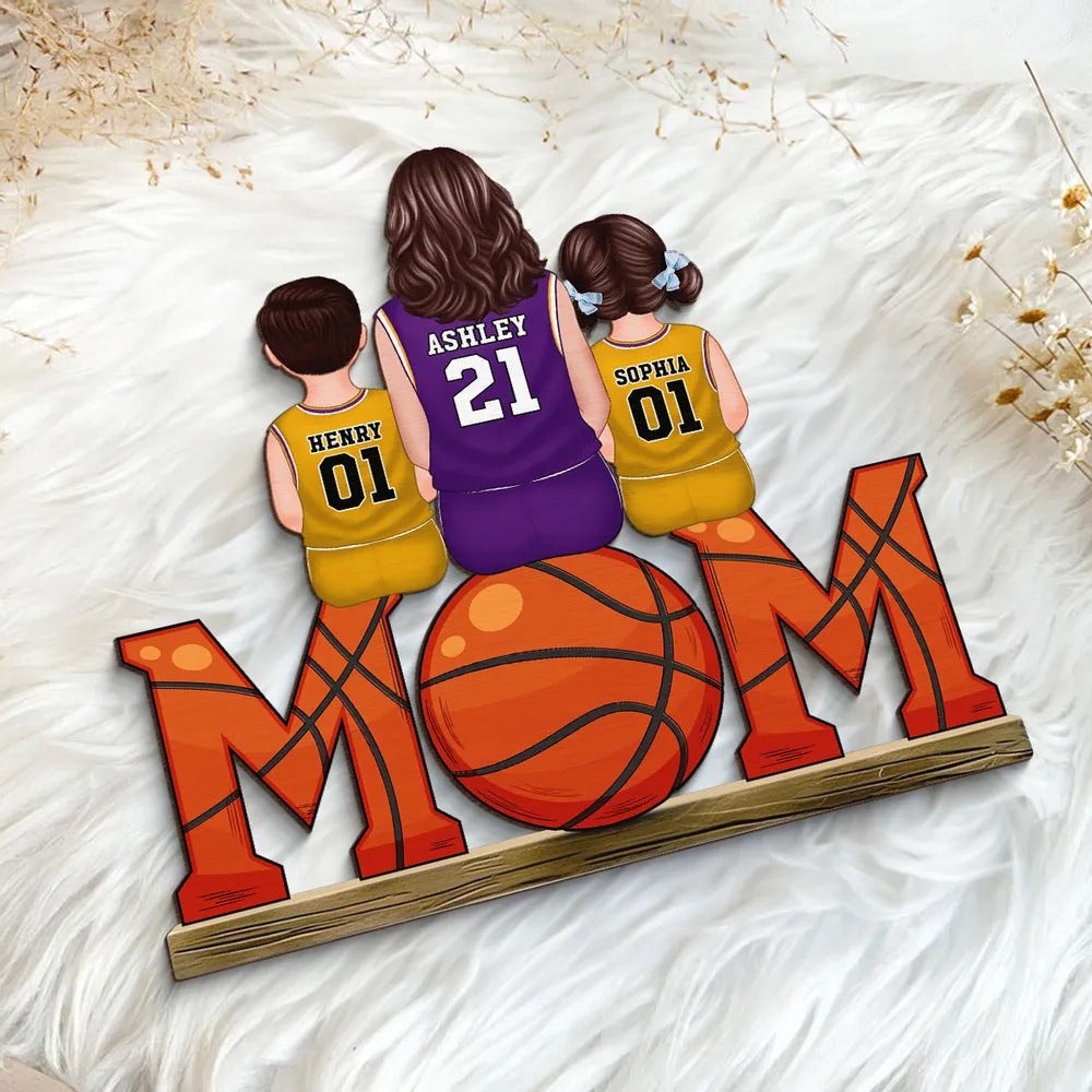 Basketball Mom And Kids Personalized Standing Wooden Plaque, Mother's Day Gift