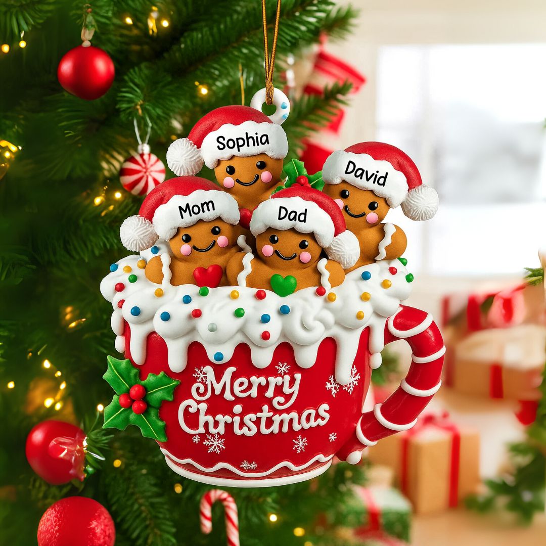 Gingerbread Big Family In Hot Cocoa Christmas Decor Personalized Acrylic Ornament, Christmas Ornament