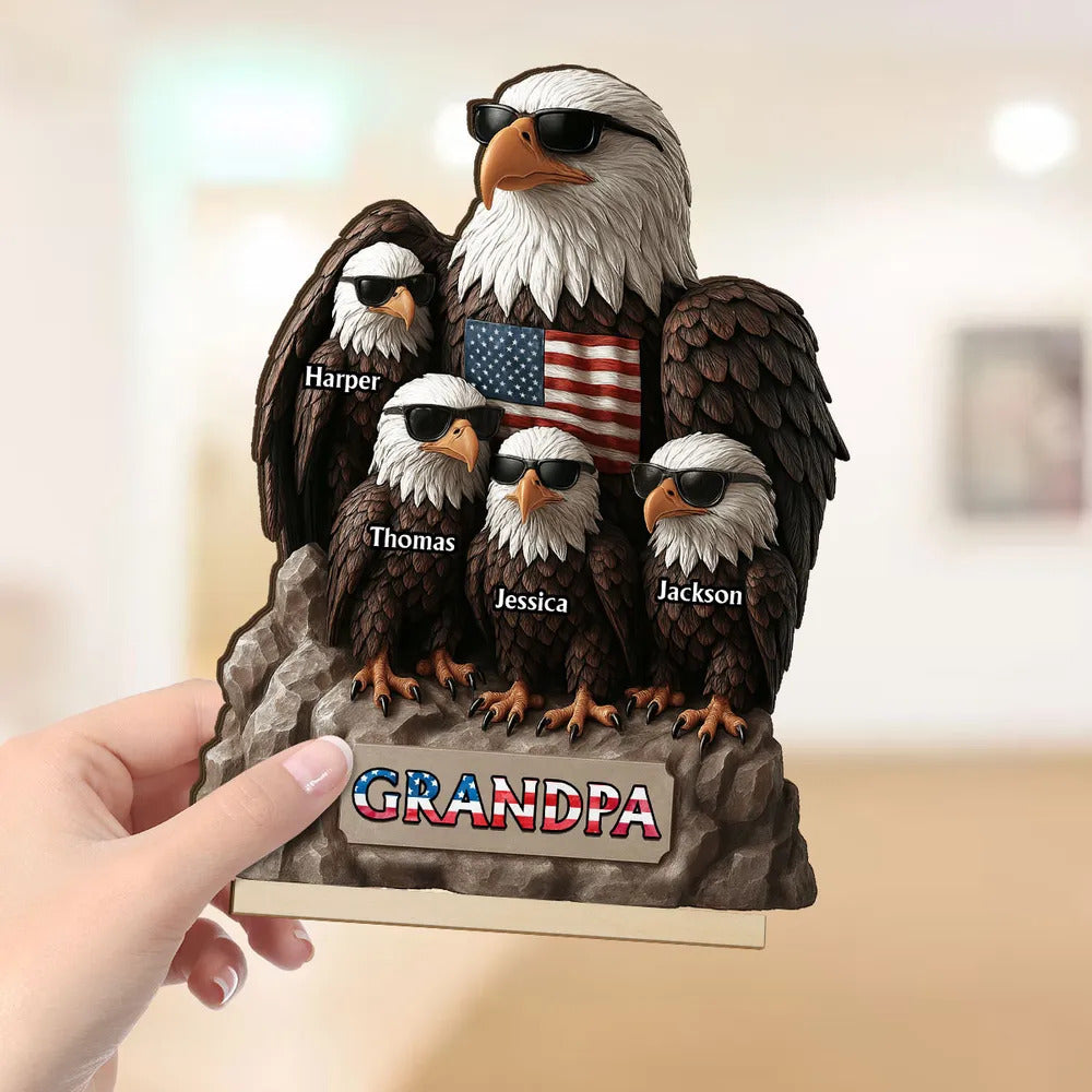 Patriotic Eagle Grandpa Dad & Kids 3D Effect Personalized Standing Wooden Plaque, Gift For Dad Grandpa