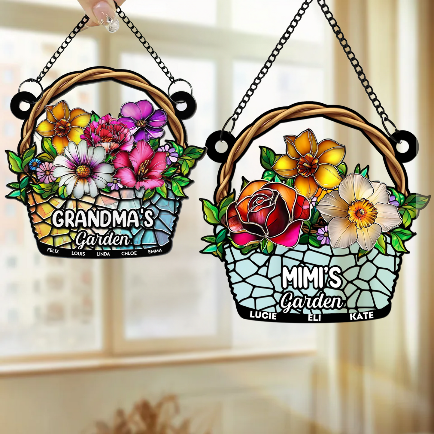 Personalized Birth Month Flower Basket Window Hanging Suncatcher, Grandma Garden Mother's Day Gift
