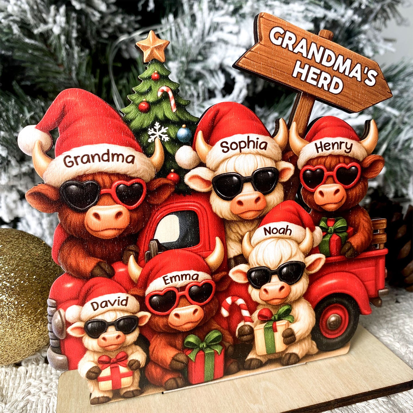 Highland Cow On Truck Standing Wooden Plaque, Personalized Christmas Standing Wooden Plaque