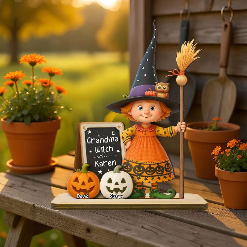 Personalized Grandma Witch Standing Wooden Plaque, Halloween Jack-o'-lantern Decor for Grandma