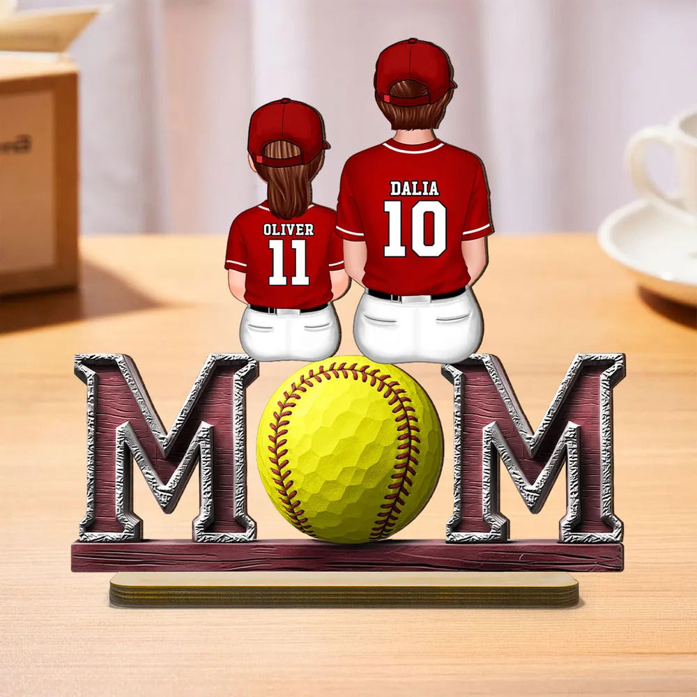 Baseball, Softball Mom And Kids Sitting On Text Personalized Standing Wooden Plaque, Mother's Day Gift