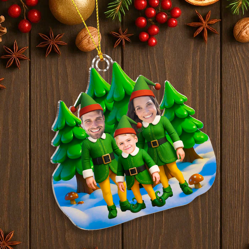 Personalized Photo Elf Family Standing Together Acrylic Ornament, Family Christmas Tree Decoration