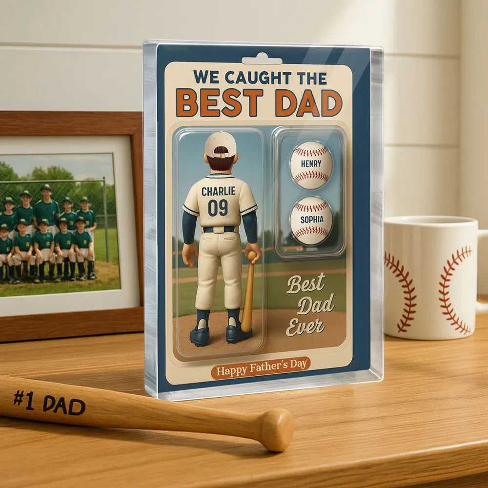 We Caught The Best Dad Grandpa Cartoon Baseball Lover Toy Box Figure Style Personalized Acrylic Block Plaque