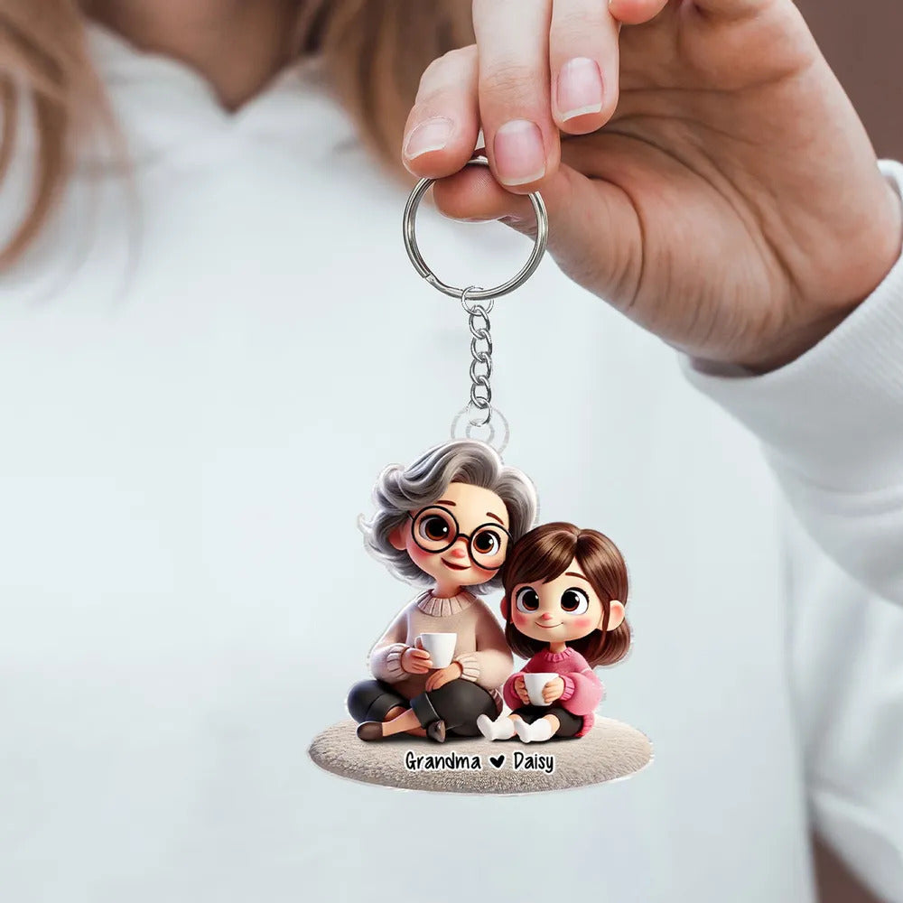 Happy Grandma & Grandkid Sitting Personalized Acrylic Keychain, Perfect 2025 Mother's Day Gift For Mom, For Grandma