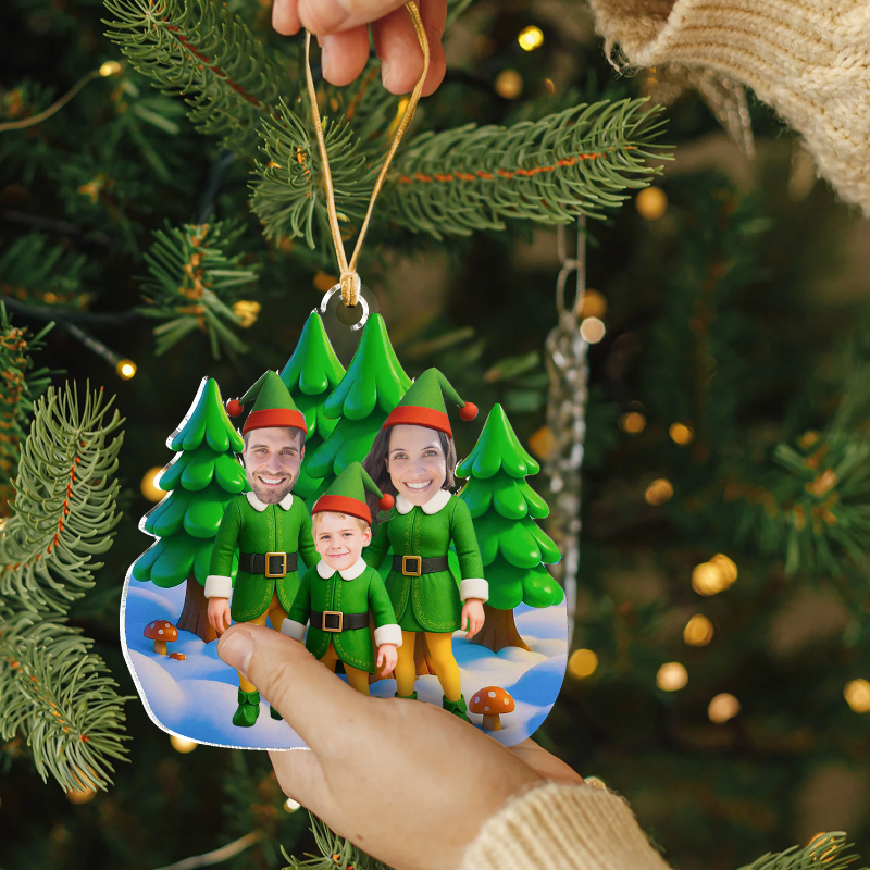 Personalized Photo Elf Family Standing Together Acrylic Ornament, Family Christmas Tree Decoration