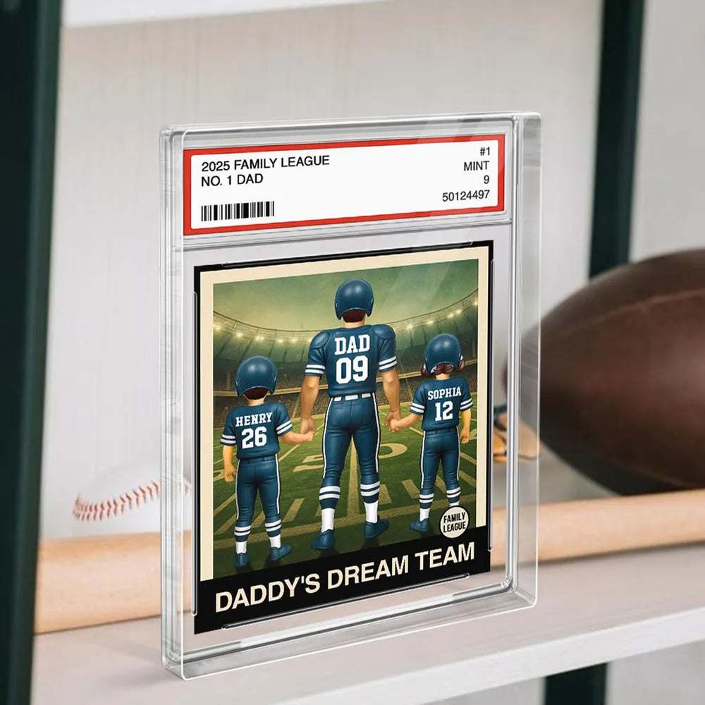 Football No. 1 Dad Man & Kids Trading Card Style Personalized Acrylic Block Plaque