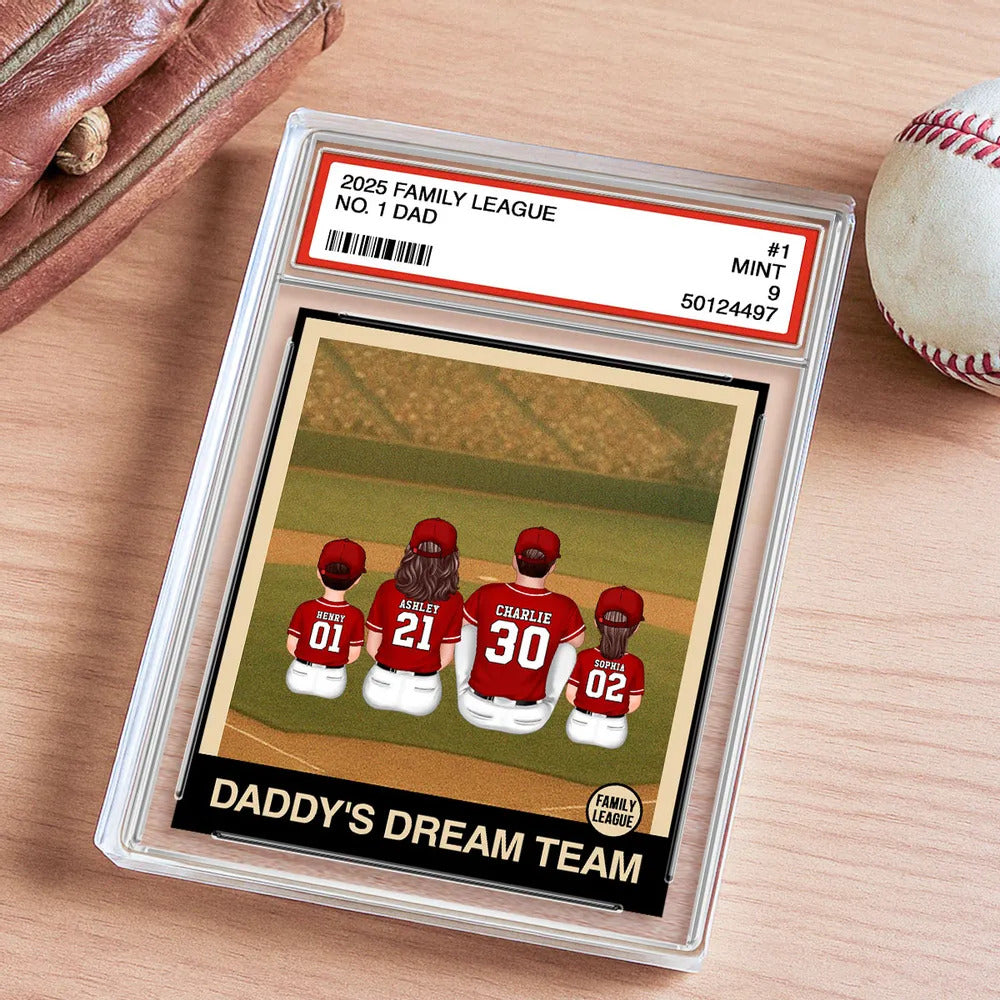 Retro Baseball No. 1 Dad Man & Kids Sitting Trading Card Style Personalized Acrylic Block Plaque