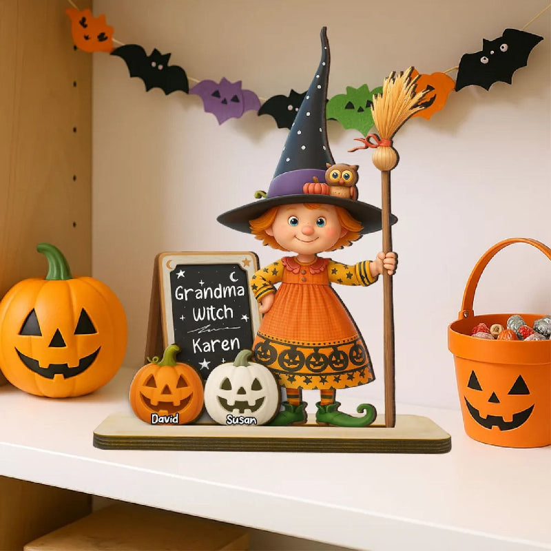 Personalized Grandma Witch Standing Wooden Plaque, Halloween Jack-o'-lantern Decor for Grandma