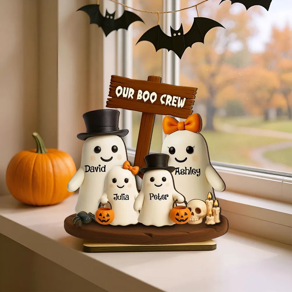 Our Boo Crew Halloween Family 3D Effect Personalized Standing Wooden Plaque