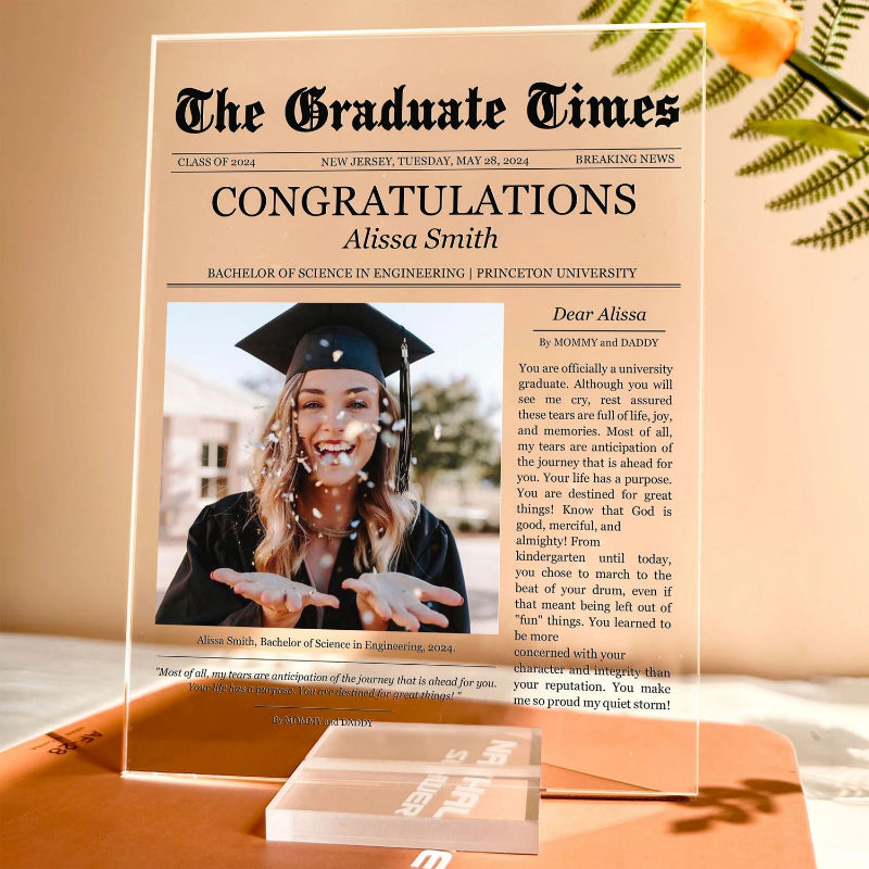 Personalized Newspaper Graduation Celebration Acrylic Photo Plaque, Graduation Keepsake Gift For Friends, Family
