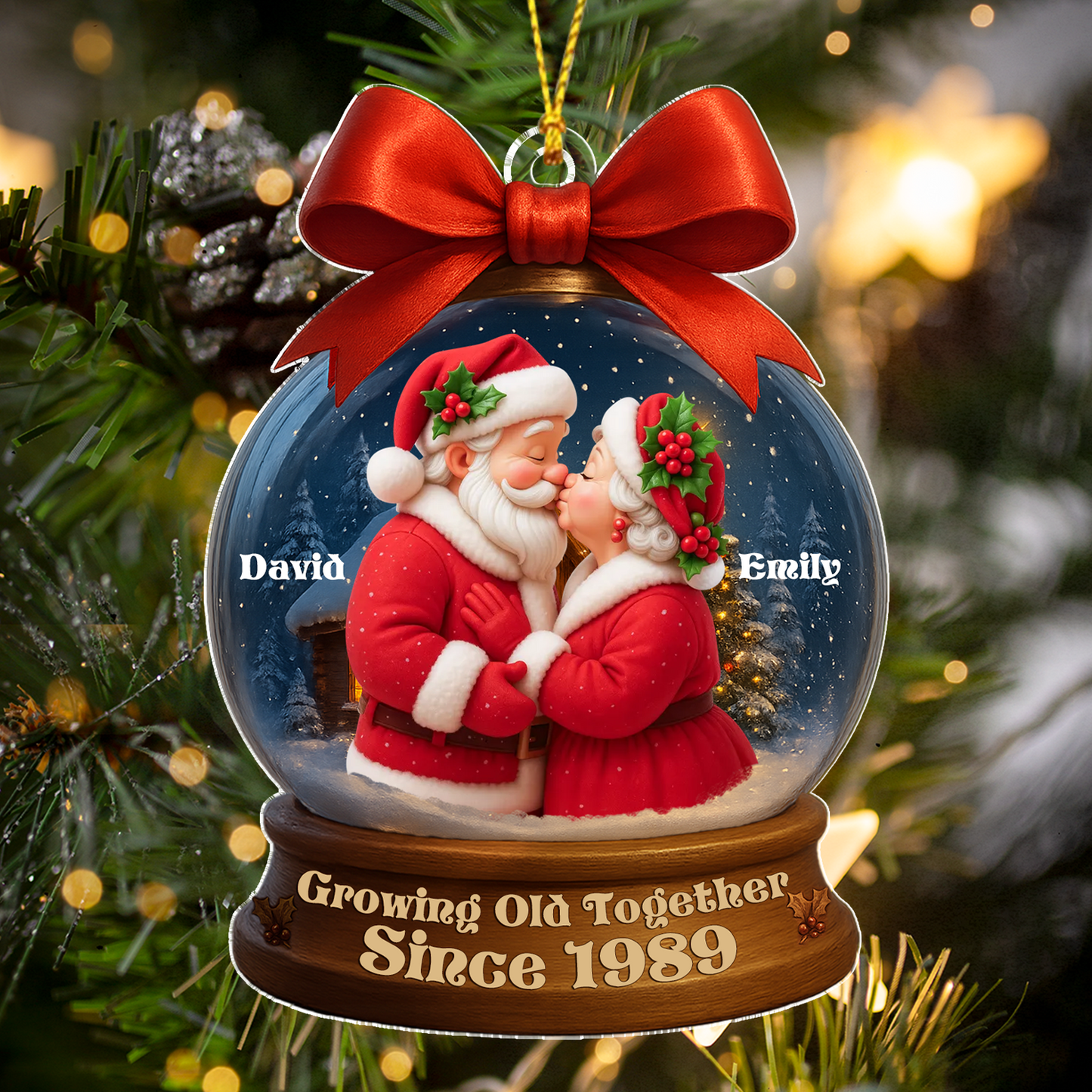 Personalized 3D Effect Santa Couple In Snow Globe Acrylic Ornament, Couple Christmas Tree Decoration