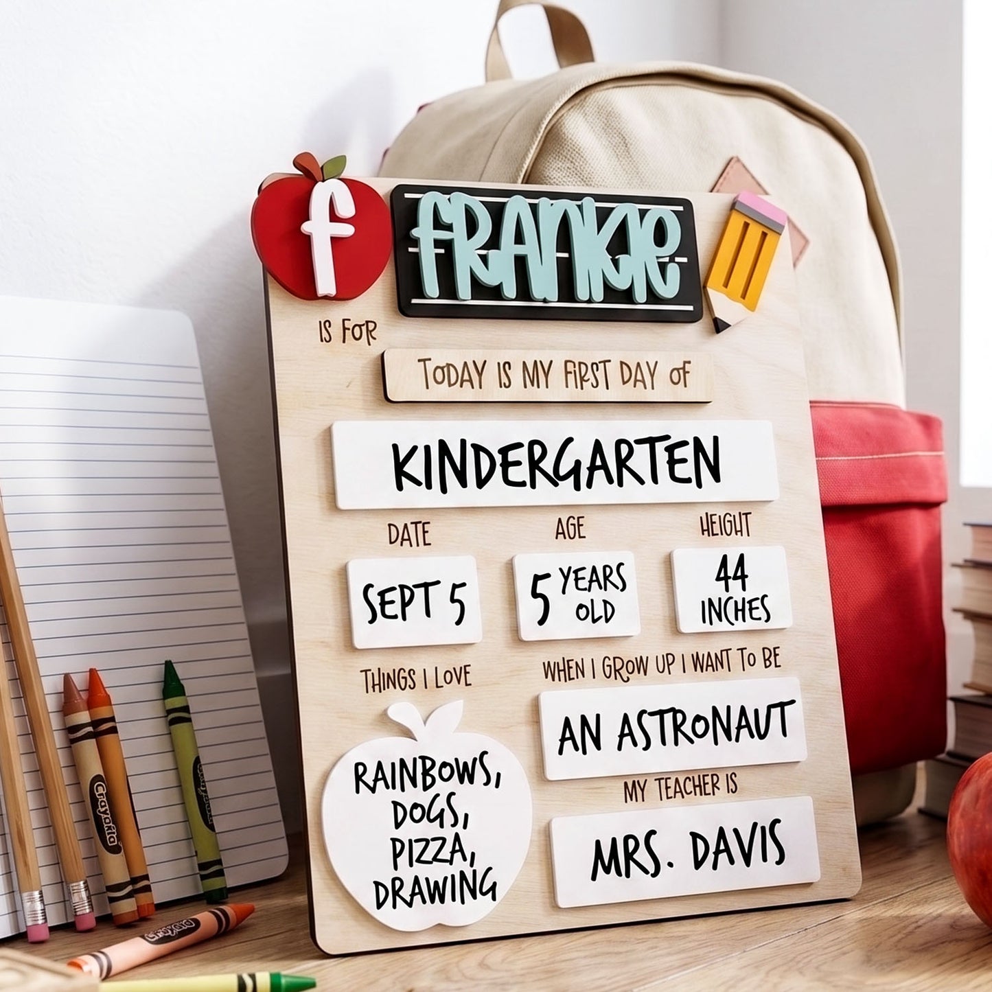 Personalized Interchangeable Apple Alphabet Back To School Board, First And Last Day Of School, Custom 3D Name Milestone Sign, Reusable Back To School Photo Prop