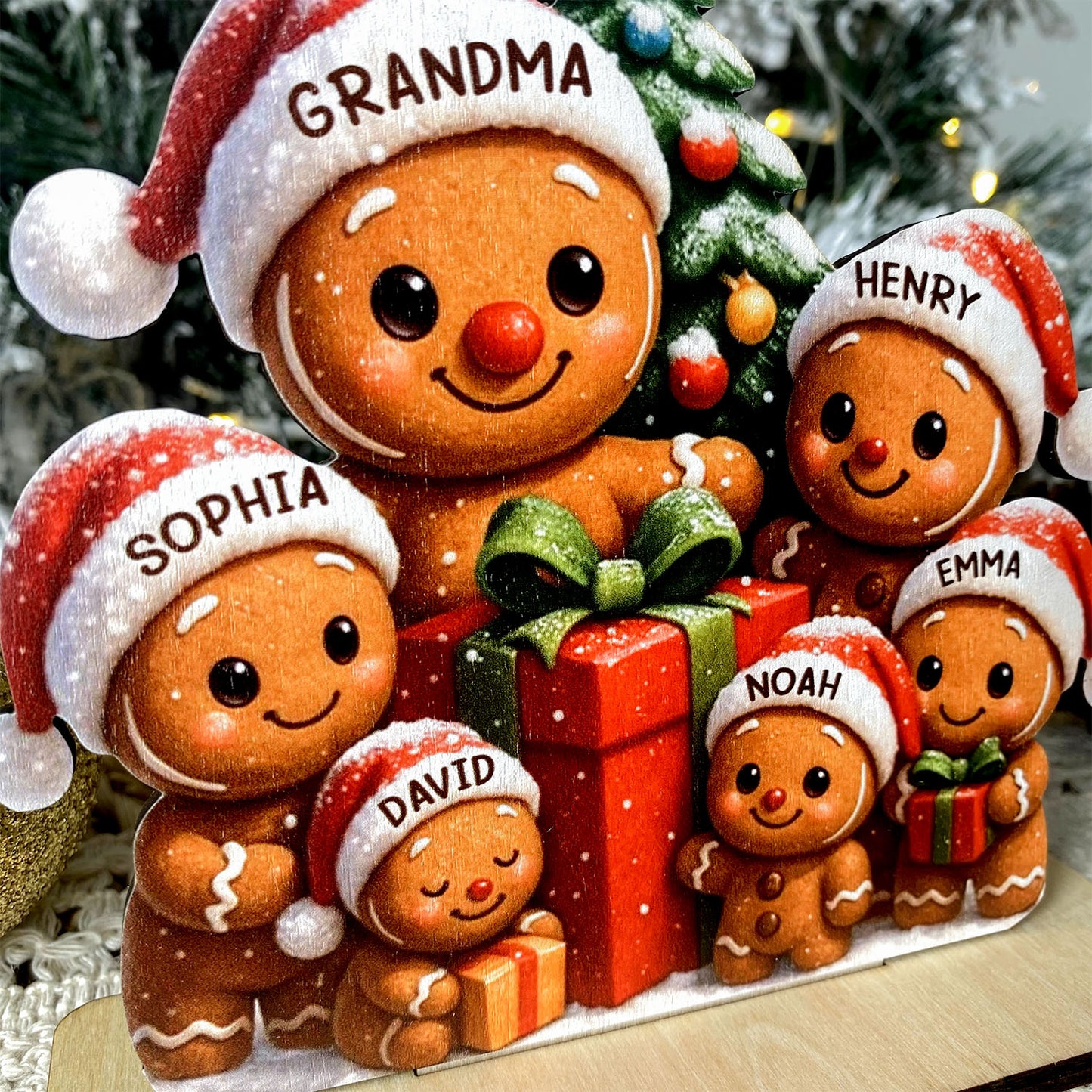 Gingerbread Family Standing Wooden Plaque, Personalized Christmas Standing Wooden Plaque
