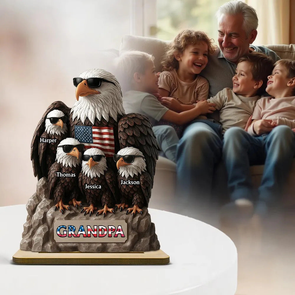 Patriotic Eagle Grandpa Dad & Kids 3D Effect Personalized Standing Wooden Plaque, Gift For Dad Grandpa