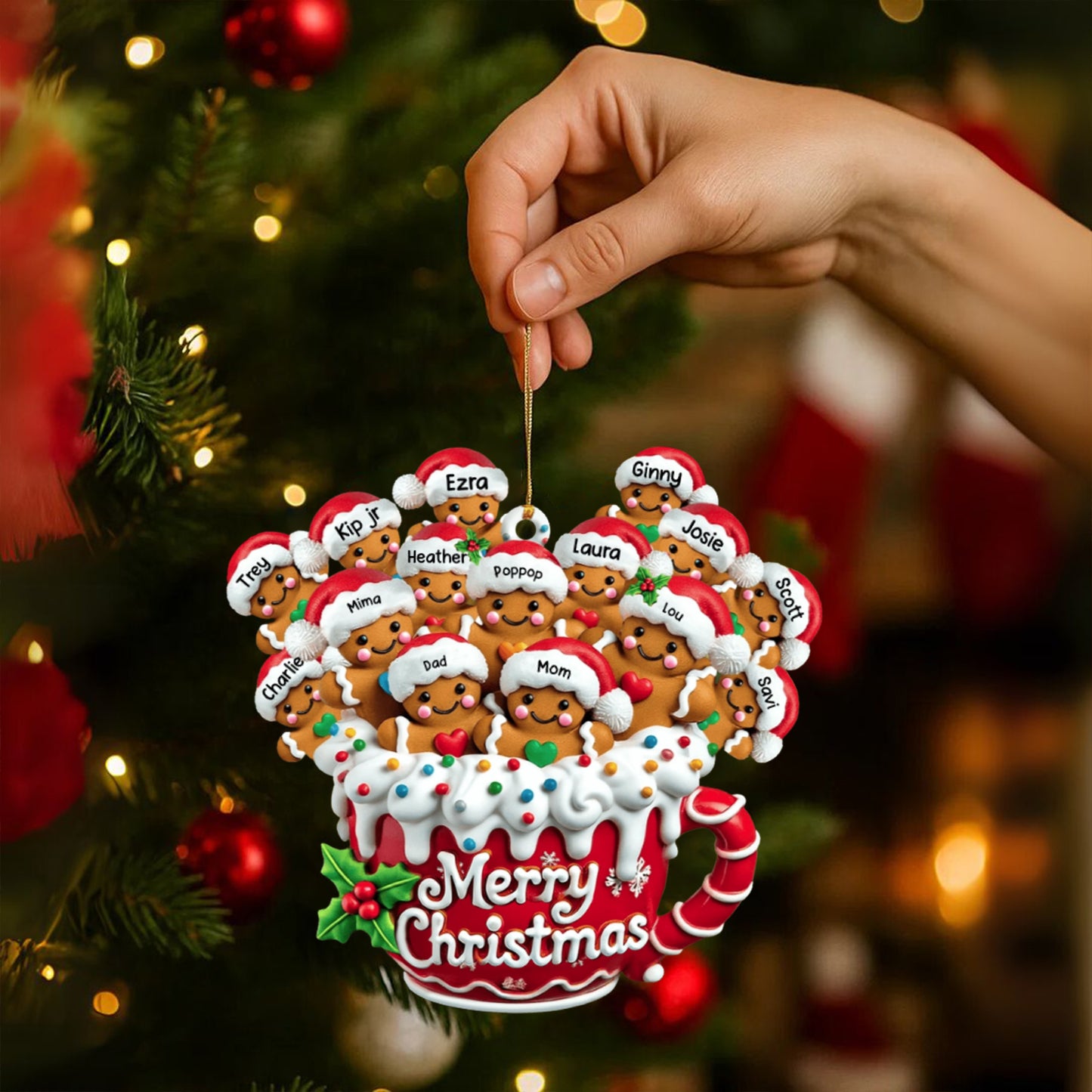 Gingerbread Big Family In Hot Cocoa Christmas Decor Personalized Acrylic Ornament, Christmas Ornament
