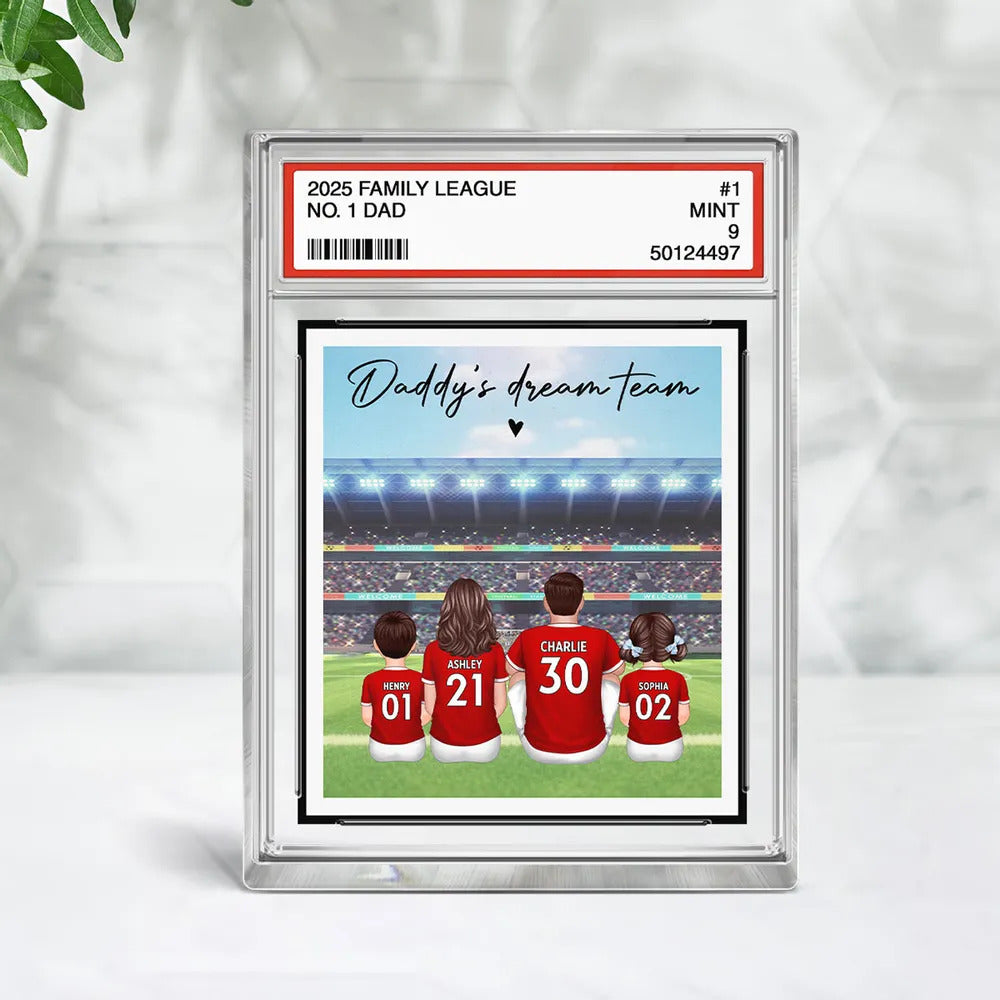 Soccer Daddy's Dream Team No. 1 Dad Man & Kids Sitting Trading Card Style Personalized Acrylic Block Plaque