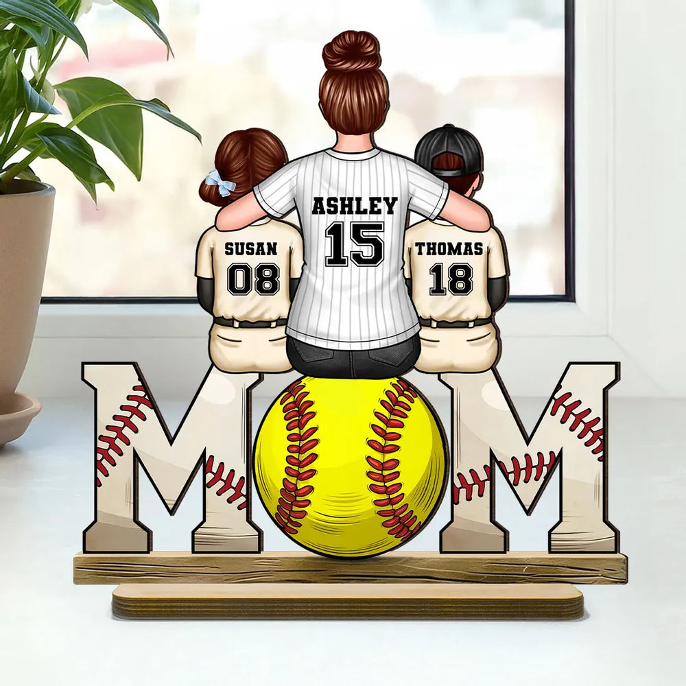 Baseball Mom And Kids Personalized Standing Wooden Plaque, Mother's Day Gift