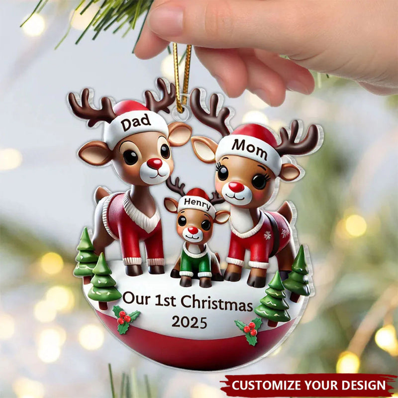 Personalized Reindeer Family 3D Effect Acrylic Ornament, Cute Christmas Decoration