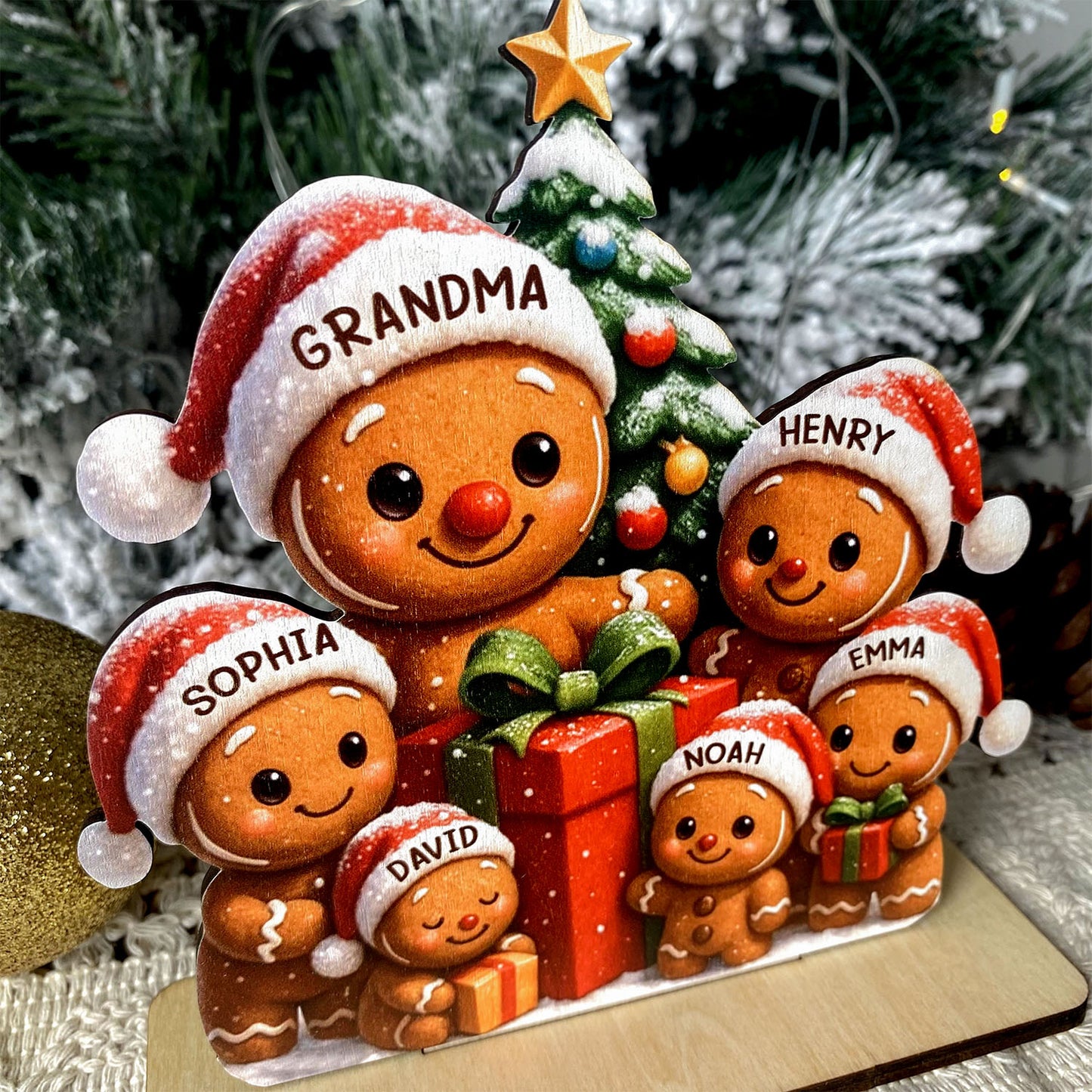 Gingerbread Family Standing Wooden Plaque, Personalized Christmas Standing Wooden Plaque