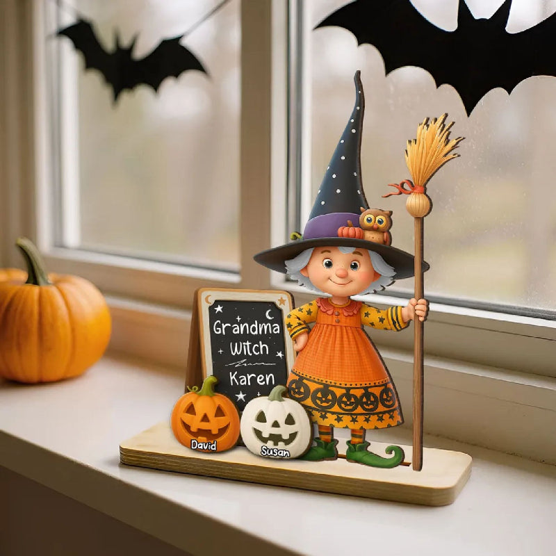 Personalized Grandma Witch Standing Wooden Plaque, Halloween Jack-o'-lantern Decor for Grandma