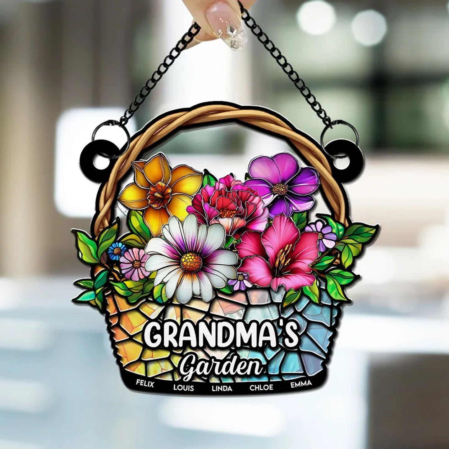Personalized Birth Month Flower Basket Window Hanging Suncatcher, Grandma Garden Mother's Day Gift
