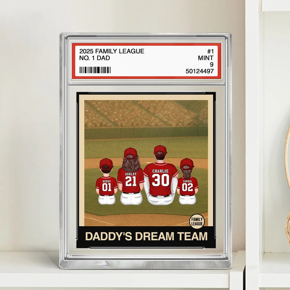 Retro Baseball No. 1 Dad Man & Kids Sitting Trading Card Style Personalized Acrylic Block Plaque