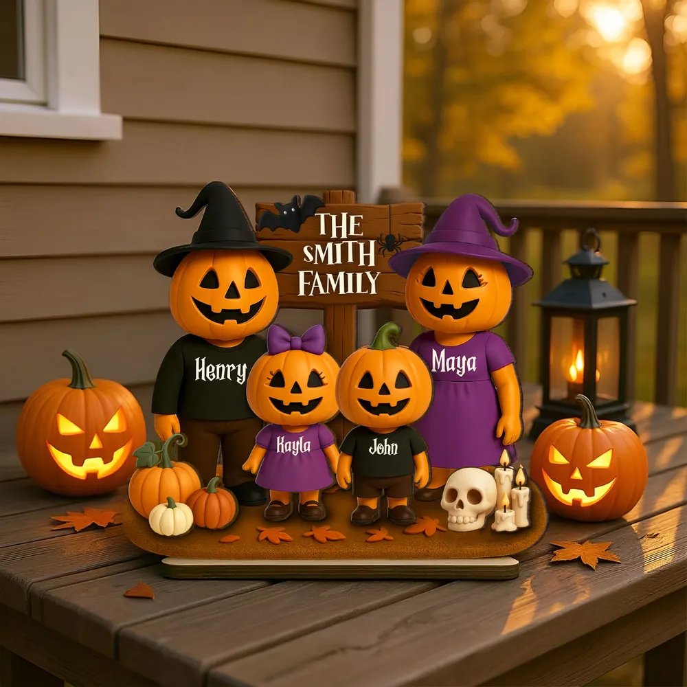 Jack O' Lantern Family 3D Effect Personalized Standing Wooden Plaque, Halloween Decor