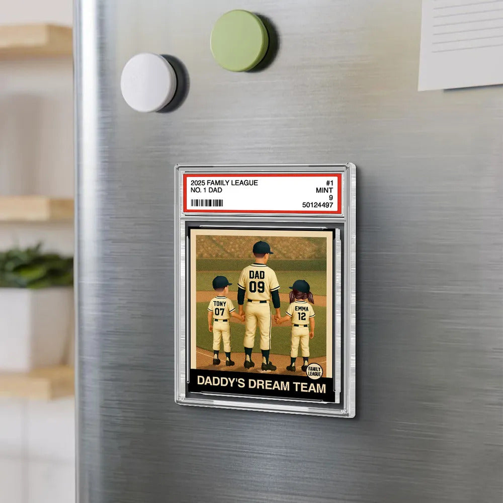 Baseball No. 1 Dad Man & Kids Trading Card Style Personalized Acrylic Fridge Magnet