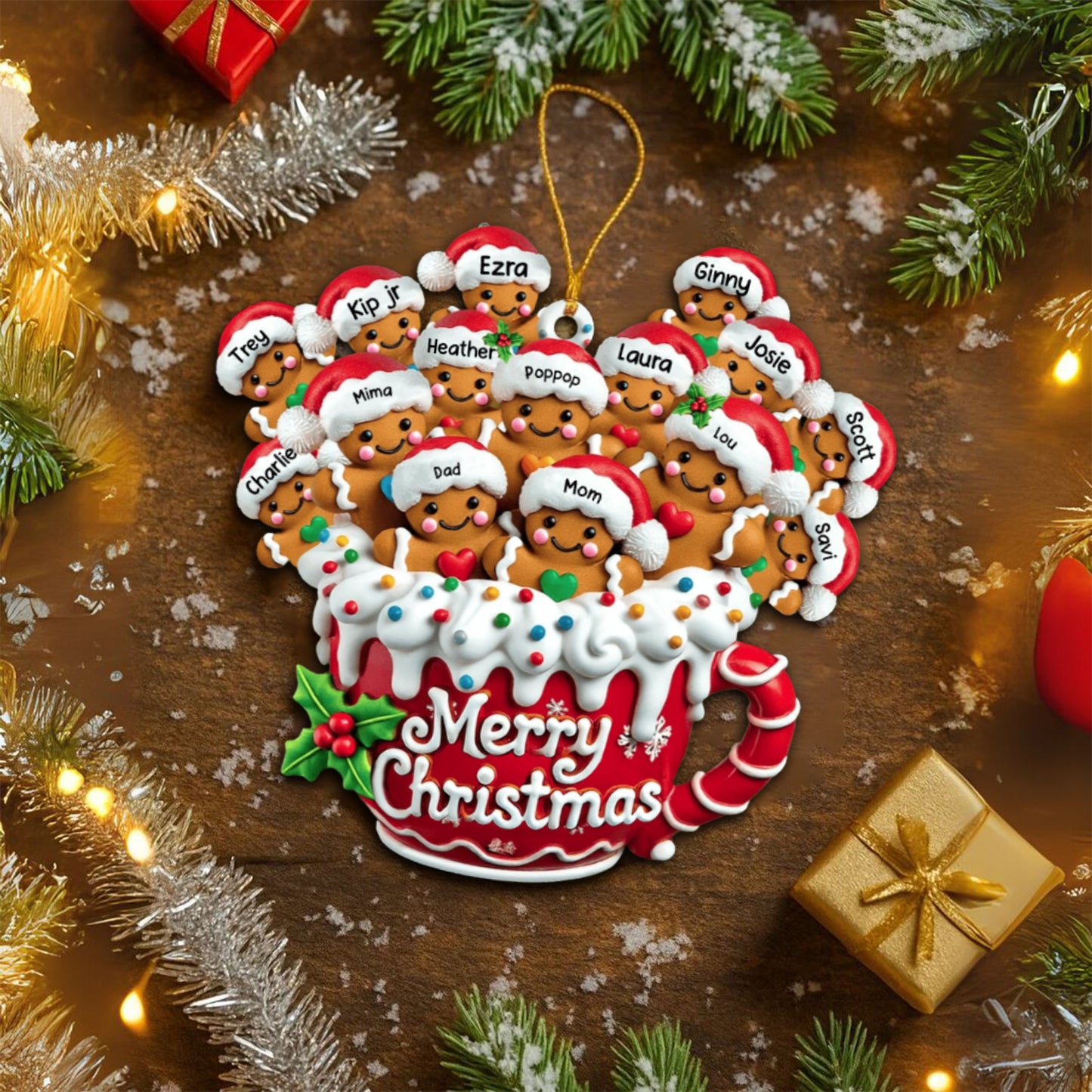 Gingerbread Big Family In Hot Cocoa Christmas Decor Personalized Acrylic Ornament, Christmas Ornament