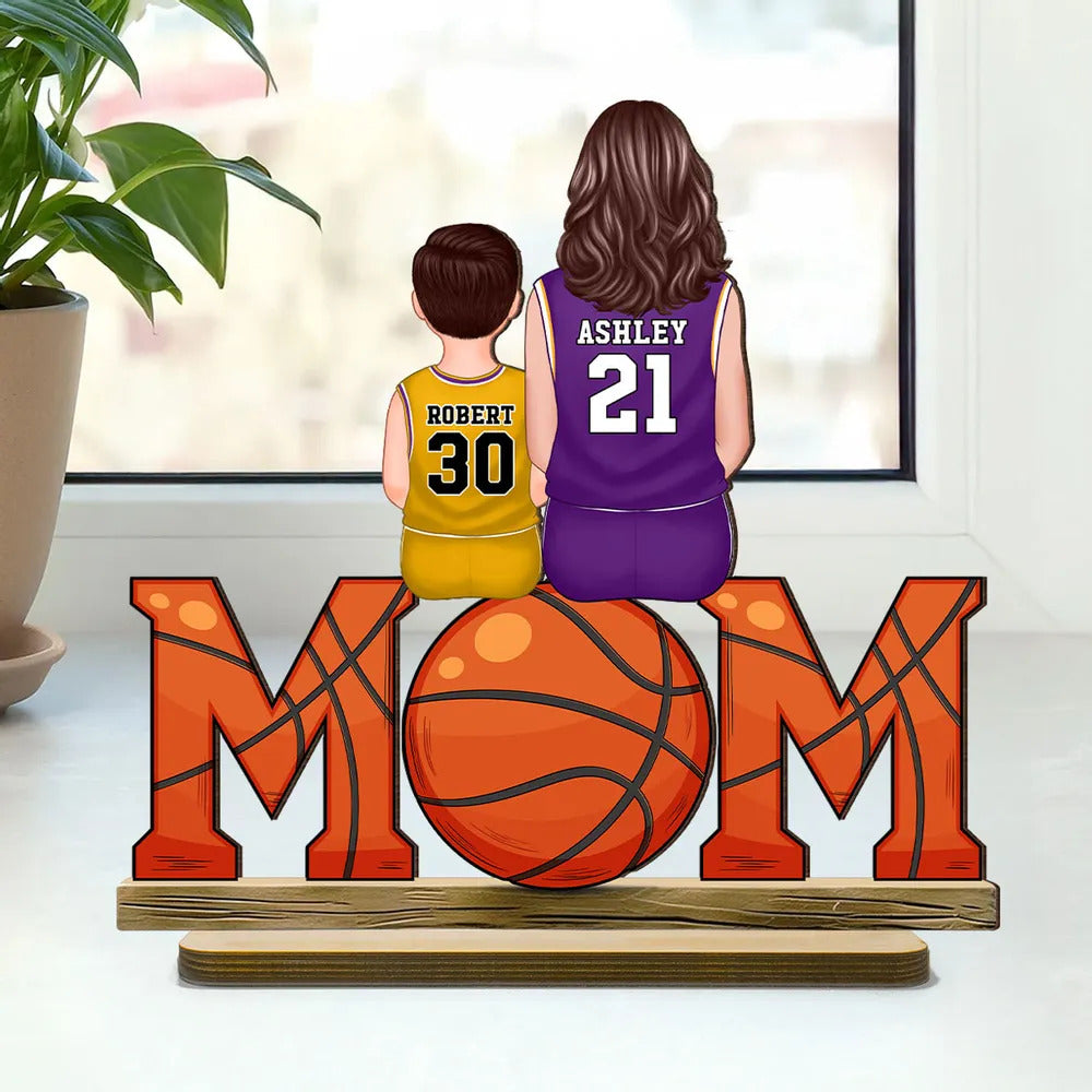 Basketball Mom And Kids Personalized Standing Wooden Plaque, Mother's Day Gift